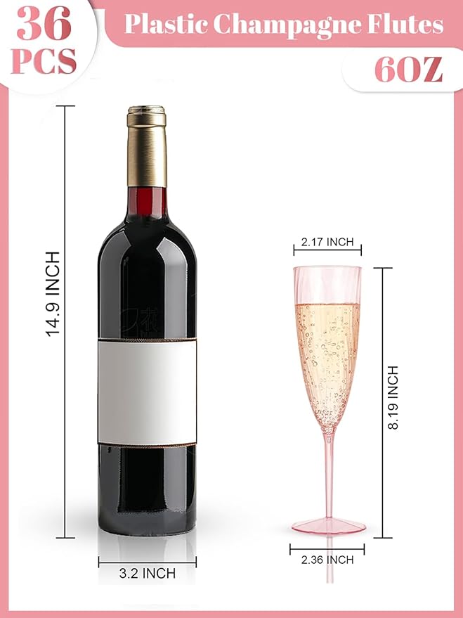 WDF 36PCS Pink Champagne Flutes Plastic - 6OZ Pink Disposable Champagne Flutes Party Supplies for Wedding Birthday Parties Valentine's Day Galentine's Day