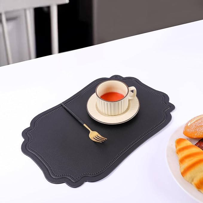XINYUN Black Placemats Set of 6 Reversible Faux Leather Place Mat Wipeable Heat Resistant Non Slip Anti Oil Waterproof Eco-Friendly Table Mats Patio Placemats for Dining Table, Large