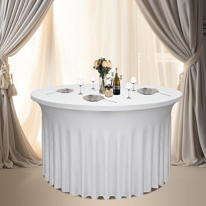 6 Pack 48" Diameter x 30" Height White Table Skirt | Fits 4FT Round Tables |Polyester Spandex Round Table Cloths with Skirt|Stain 、Wrinkle Resistant、 for Wedding,Party,Dining,Banquet