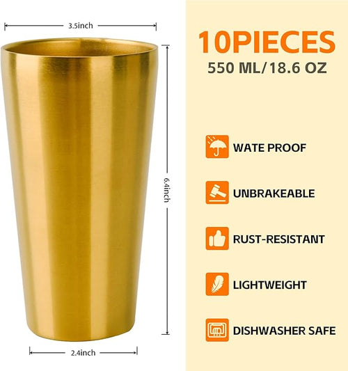 10 Pack 18.6 oz Stainless Steel Insulated Cup, Double Wall Vacuum Small Metal Cup, Reusable Camping Cups Unbreakable Indoor Outdoor for Party, Home, Office, BBQ, Gold