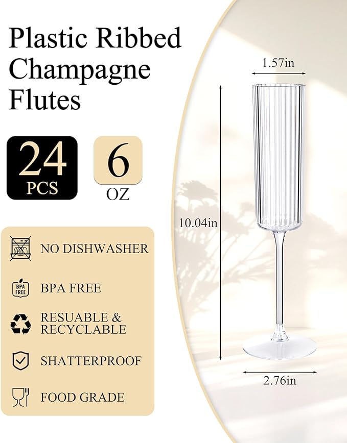 Ciaell 24 Pack Plastic Champagne Flutes - 6oz Ribbed Disposable Champagne Glasses - Clear Vintage Mimosa Glasses with Long Stem, Elegant for Weddings, Birthdays, Party