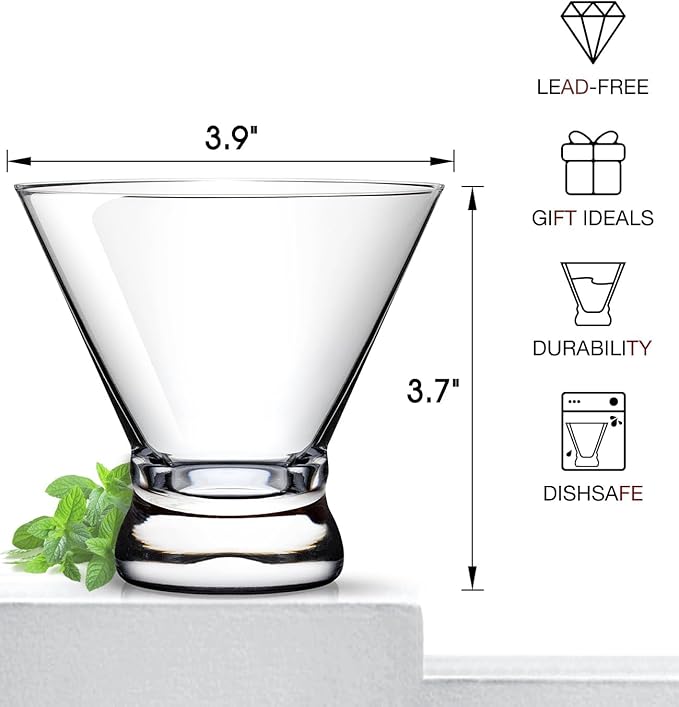 LUNA & MANTHA Martini Glasses Set of 2, Stemless Martini Cocktail Glasses for Margarita, Manhattan, Cosmopolitan, Home Bar, Evening Parties, Birthdays, Housewarming Gift, Crystal Clear 8 OZ