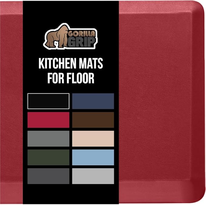 GORILLA GRIP Comfortable Cushioned Kitchen Mats for Floor, Waterproof and Stain Resistant Soft Top, 3/4 Inch Thick Ergonomic Standing Desk Anti Fatigue Mat, Foam Supports Ankles and Feet, 17x24, Red