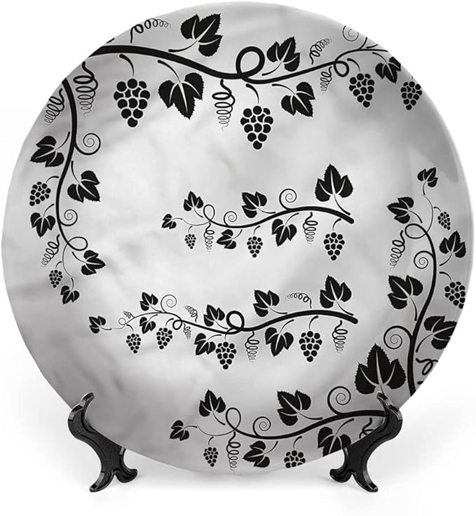 Decorative Plates, Vine Print Ornament, Grapes with Twigs Swirl Botany, 8 Inch, 1 Plate with 1 Display Stand, Multicolor