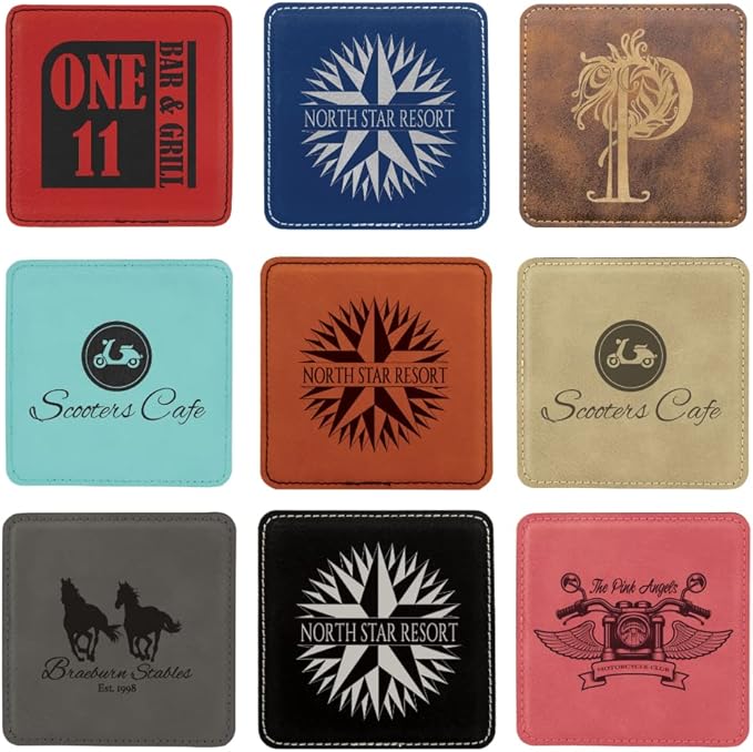 Custom Engraved Coasters | Personalized Leather Coaster | Set of 6 | Drink Coasters with Holder | Laser Engraved | Tabletop Protection | Gift for Couples (Square 4" x 4", Red w/Black)