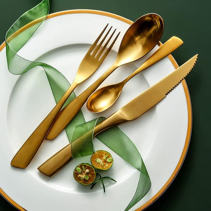 16 Piece Gold Silverware Set for 4,Modern Unique 18/10 Stainless Steel Flatware Cutlery Set, Eating Tableware Set,Vintage Luxury Style Cutlery Set for Home Restaurant Wedding Party