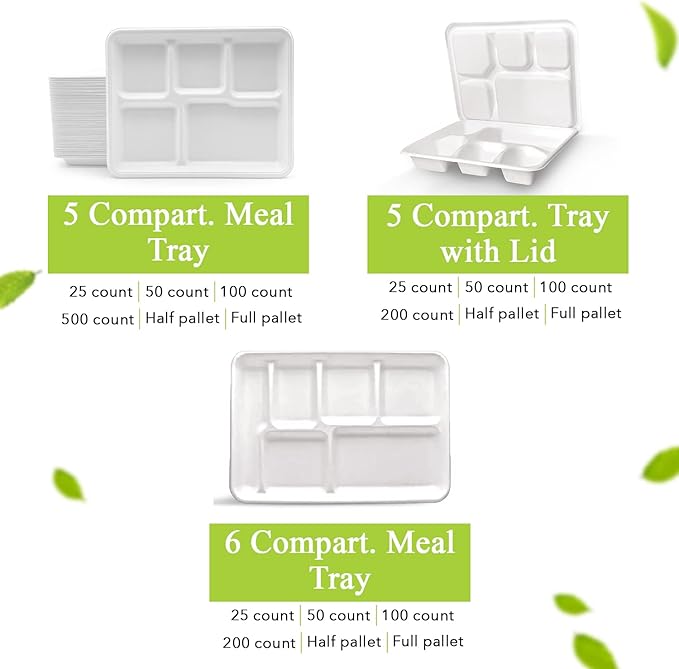 three leaf 5 COMPARTMENT MEAL TRAY WITH LID SET, 200 SETS. Heavy-Duty- Super Strong- Natural- Eco-Friendly Disposable Bagasse Tray with Lid, 100% Biodegradable Plates