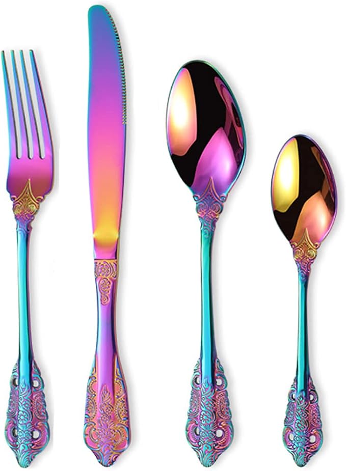 Vintage Colorful Silverware Flatware Set for 10, European Classic Style 40 Pieces Stainless Steel Tableware Cutlery Set,Fine Kitchen Utensils for Wedding Restaurant Hotel Christmas