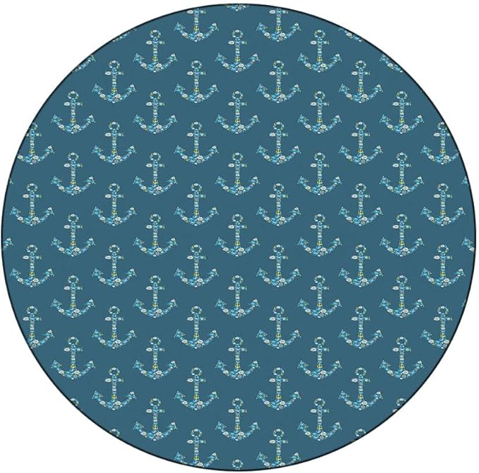 Polyester Tablecloth, Nautical Waterproof Oil-Proof PVC Table Cloth, Anchors Maritime Theme Decor, Fit Round Tables 39inch Diameter, for Xmas/Parties/Home, Petrol Blue Beige