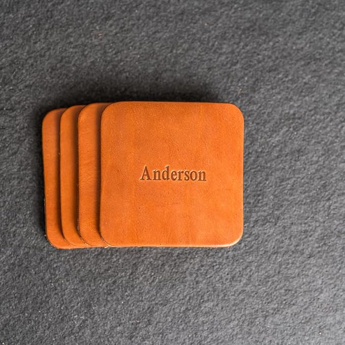 Ox & Pine Personalized Leather Coaster - Sold Individually or in Sets of 4 - Customize Inscription - 100% Full-Grain Leather – 4" Round or 4" Square (Square, Brown, Set of 4 Coasters)
