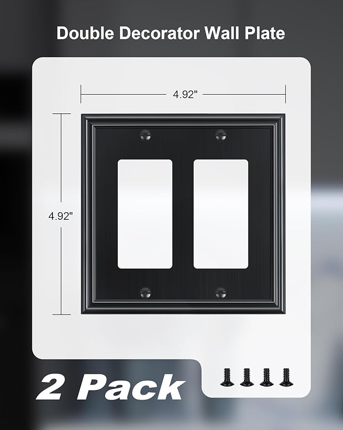 2-Pack Decorative Double Decorator Outlet Cover Plate, Durable Zinc Alloy Black Wall Plates for Electrical Outlets, Receptacle, GFCI Outlet, Dimmer Switch, 2-Gang, Corrosion Resistant