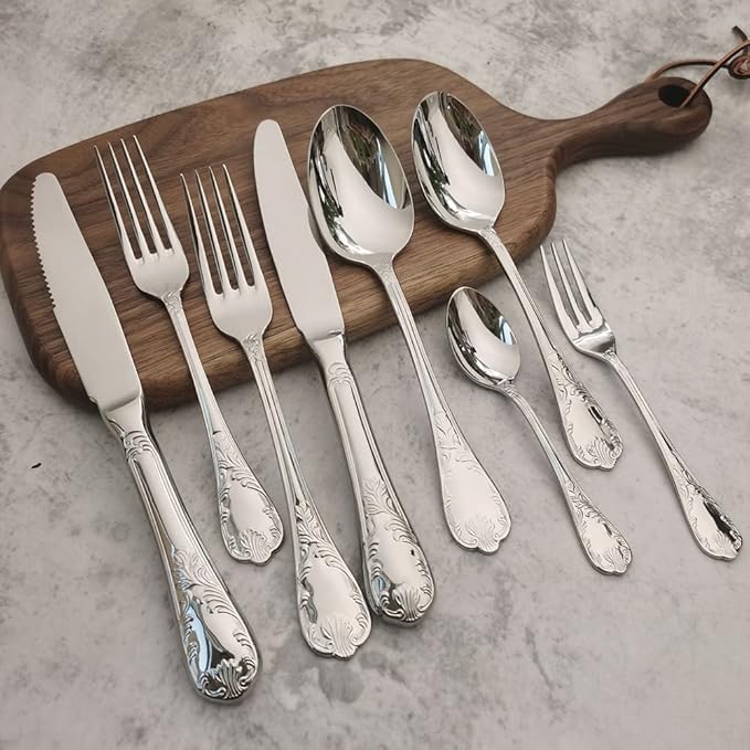 48-piece Silverware Set for 12, Retro Royal Palace Style Stainless Steel Flatware Cutlery Serving Utensils, Eating Tableware for Home Kitchen Hotel Restaurant, Mirror Polished
