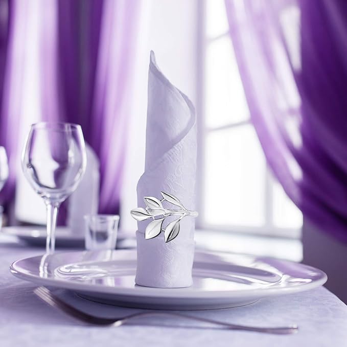 Hotop 24 Pcs Leaf Napkin Rings Set Silver Metal Napkins Rings Holders Bulk Glossy Table Adornment for Vintage Wedding Bridal Thanksgiving Christmas Holidays Fall Dinner Party Decoration Favors