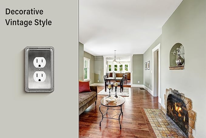 Henne Bery Rope Edge Decorative Wall Plate Switch Plate Outlet Cover (Single Duplex, 3 Pack, Heirloom Silver)