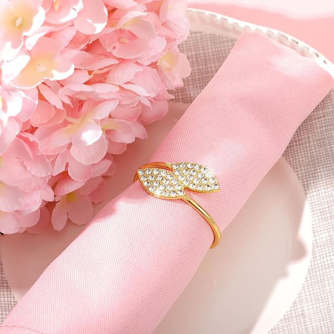 Hotop 400 Pcs Valentine's Day Napkin Rings Gold Table Decorations, Elegant Bling Leaves Napkin Rings, Rhinestone Guest Towels Buckle for Holiday Gather Party, Wedding Dinner Banquet Table Decoration