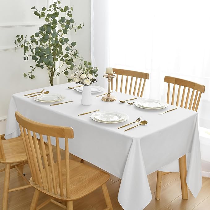 JIUZHEN Faux Linen Farmhouse Tablecloth Rectangular, Wrinkle Stain Resistant Table Cloth Rectangle Table Cover for Kitchen Dining, Holiday Party Dinner, White, 54 x 120 Inch