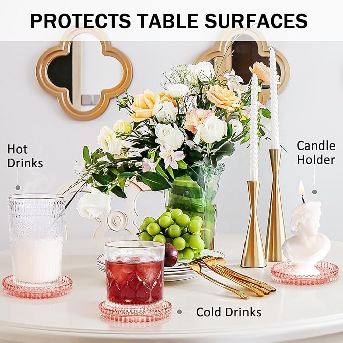 Modern Glass Coasters, GOH DODD Set of 6 Crystal Coasters Tabletop Protection for Drinks, Home Decor, Kitchen, Living Room, Patio, Wedding, Party, Housewarming Gifts, Clear Pink