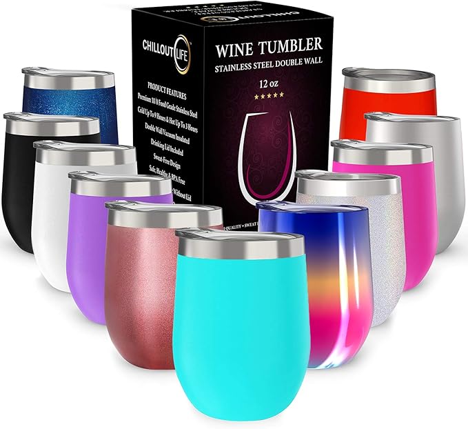 CHILLOUT LIFE 12 oz Stainless Steel Wine Tumbler with Lid - Double Wall Vacuum Insulated Wine Cup Glass Keeping Cold & Hot for Coffee, Champagne, Cocktails, Ice Cream - Powder Coated Aqua Blue