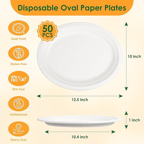 100% Compostable Oval Paper Plates, 12.5Inch 50Pack Disposable Heavy Duty Bagasse Platters Eco-Friendly Biodegradable Sugarcane Plates for BBQ, Party, Picnic - Off White