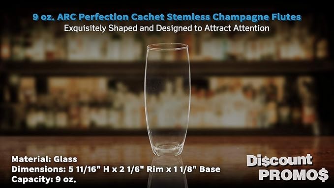 DISCOUNT PROMOS 10 ARC Stemless Champagne Flutes Set, 9 oz. - Cachet, Glassware, Cocktails - Clear