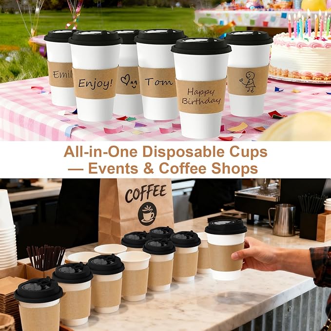 16 oz Coffee Cups + 16 Extra Cups Bulk Disposable To-Go Paper Cups with Lids and Sleeves for Hot Beverage, Chocolate, Cocoa, Office Supplies, Coffee Bar Accessories (100 Pack + 16 Extra Cups, Black)