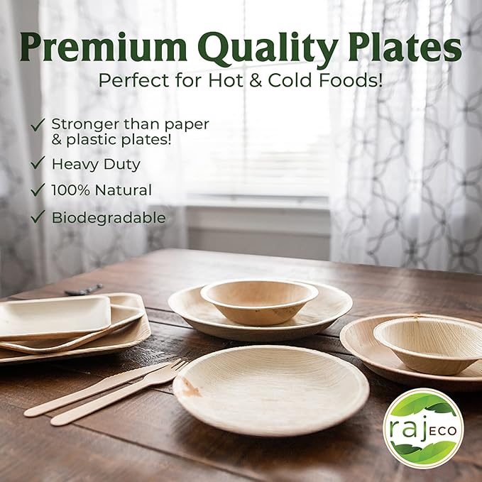 Raj Disposable Palm Leaf Plate [100-Pack] Large Square Plates Strong and Reusable Party Plate Like Bamboo Plates - Decorative Compostable Tableware for Lunch, Dinner, Birthday, Camping