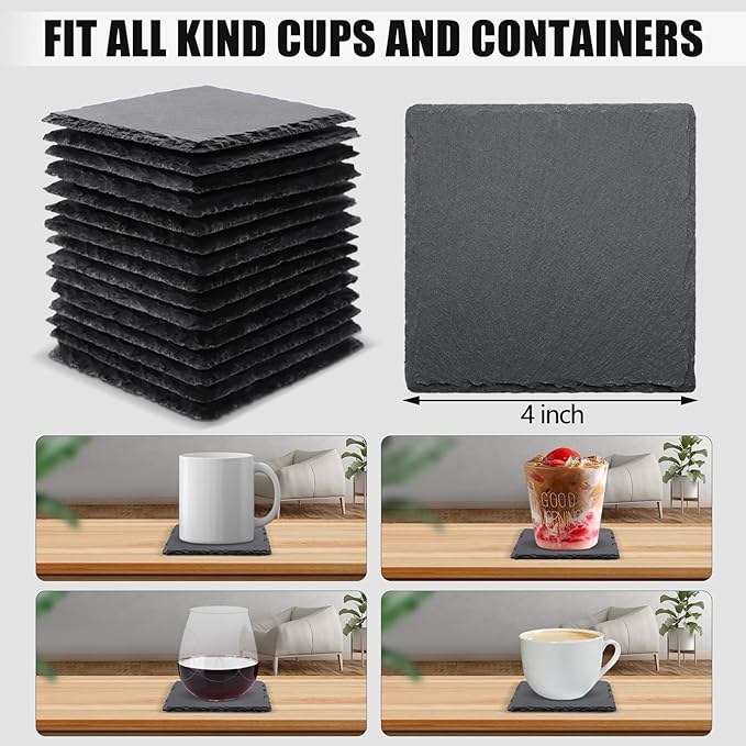 24 Pack Square Slate Drink Coasters, VIBRATITE 4 Inch Black Slate Stone Coasters Bulk Cup Coaster Laser Engraving Blanks with Anti-Scratch Bottom for Drink Coffee Bar Kitchen Home Decor