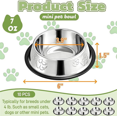 10 Pack Stainless Steel Cat Bowl, 7 Oz Mini Shallow Puppy Pet Bowls with Rubber Base, Stackable Dog Food Water Feeding Dish for Indoor Kitten Small Dog (XS)
