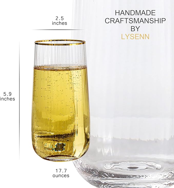 Lysenn Stemless Wine Glasses Set of 4 - Premium Hand Blown Drinking Glasses for Bubbly Wine & Champagne - Elegant Vertical Stripe and Gold Rim Champagne Flutes – Clear 17oz