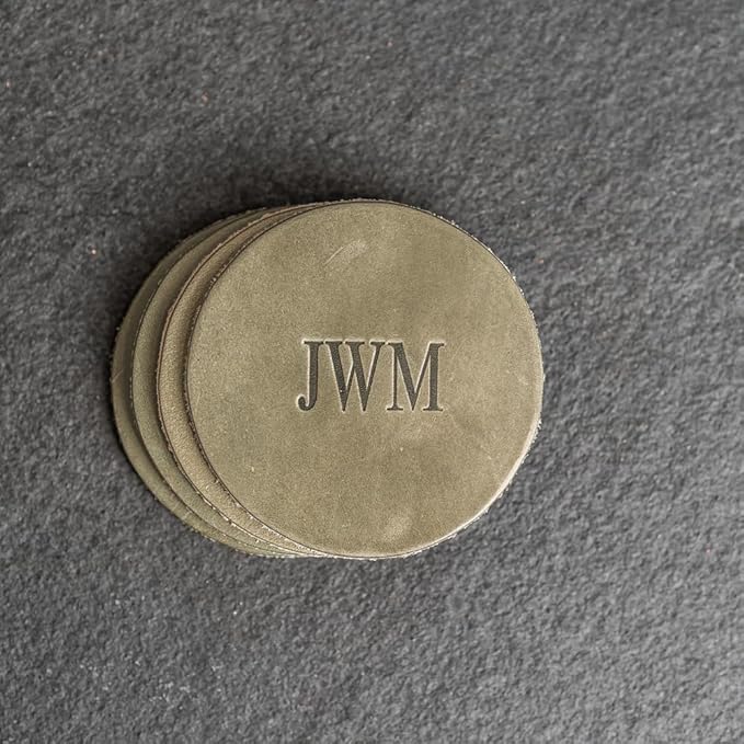 Ox & Pine Personalized Leather Coaster - Sold Individually or in Sets of 4 - Customize Inscription - 100% Full-Grain Leather – 4" Round or 4" Square (Round, Sienna, Set of 4 Coasters)