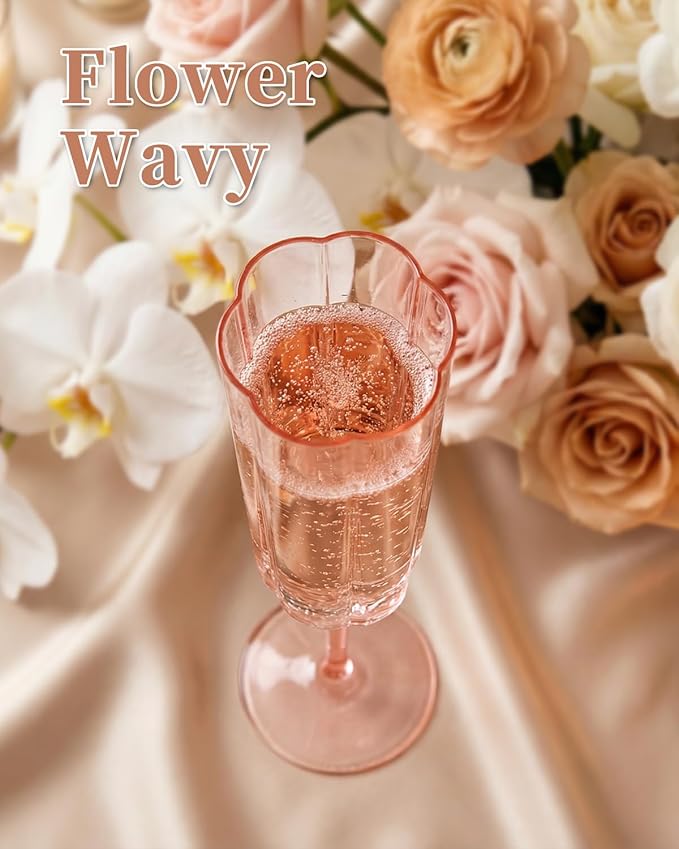 Ciaell 24 Pack Pink Plastic Champagne Flutes - 6 Oz Flower Wavy Champagne Glasses - Heavy Duty Vintage Disposable Glassware for Party & Anniversary & Wedding & Valentine's Day