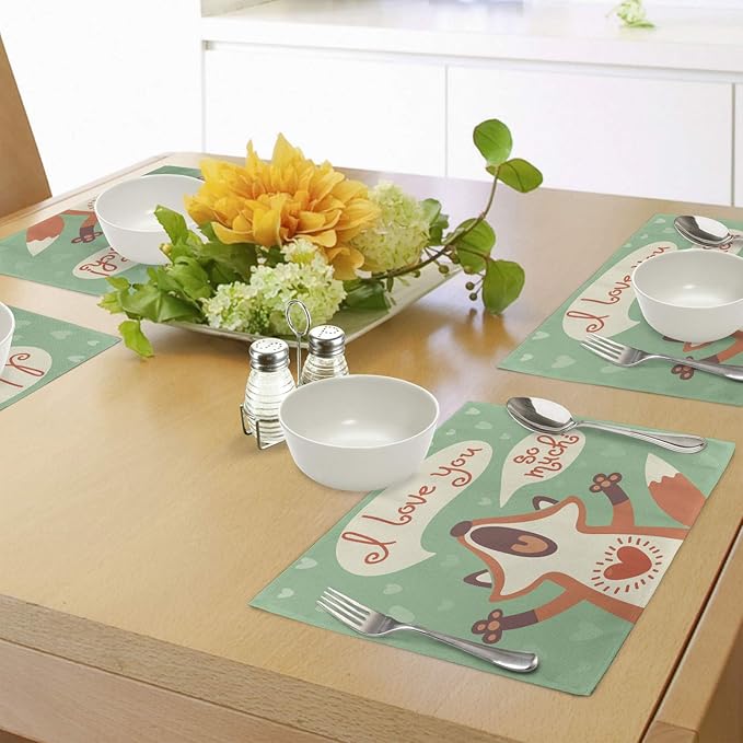 Ambesonne Lifestyle Place Mats Set of 4, I Love You So Much Fox Humor Romance Birthday Celebration Graphic Print, Washable Fabric Placemats for Dining Table, Standard Size, Mint Green