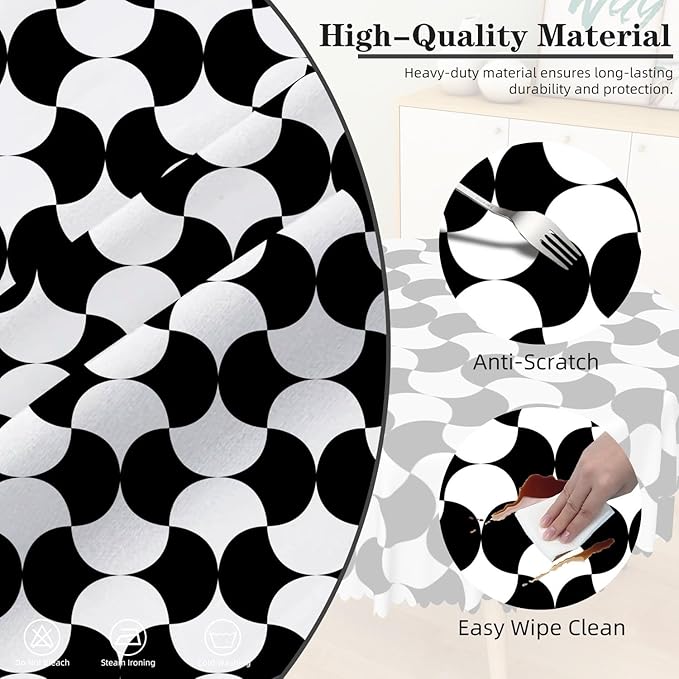 Laeacco 54 Inch Geometric Round Tablecloth Black and White Abstract Pattern Modern Art Print Table Cloth Washable Waterproof Wrinkle Free Table Cover for Kitchen Dining Picnic Party Decoration