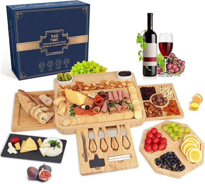 Large Charcuterie Cheese Board and Knife Set, 3 Drawers Kitchen Charcuterie Platter & Large Serving Tray - House Warming, Anniversary Wedding Gifts for Couple, Bridal Shower Gift for Women