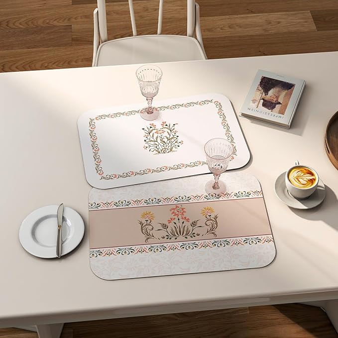 ISAENNE Floral Placemats Set of 6,Brown Rectangular PVC Placemats, Waterproof and Heat-Resistant British Style.Decoration for Kitchen, Dining, Parties, Holiday,12"*17"