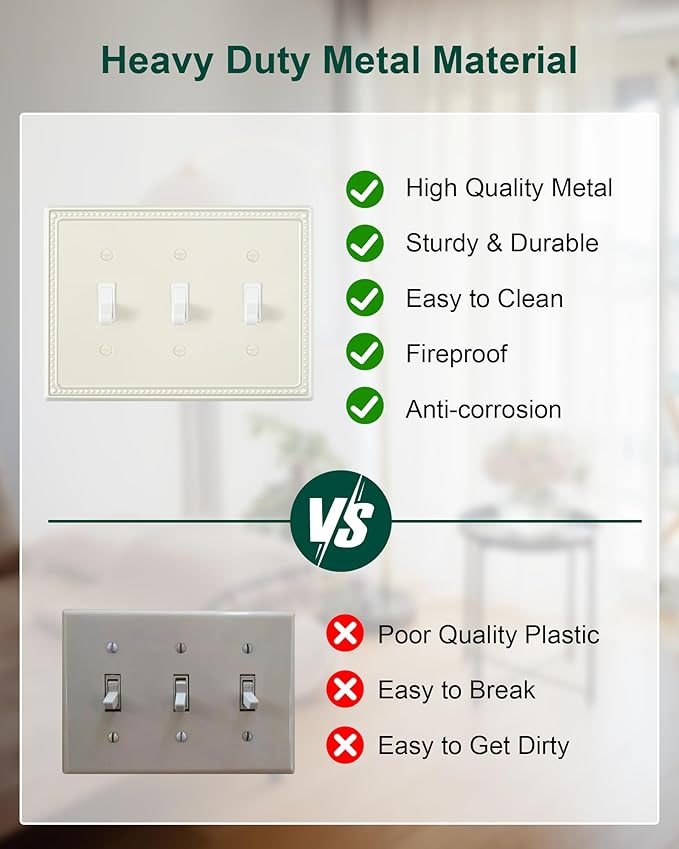 2-Pack Triple Toggle Light Switch Cover Plate, Pearls Decorative Switch Plate Covers, Light Almond 3 Gang Metal Wall Plate, Corrosion Resistant