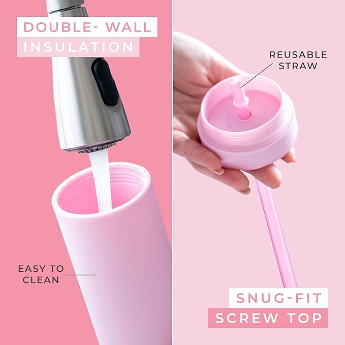 STRATA CUPS Pink Skinny Tumblers with Lids and Straws (12 pack) - 16oz Double Wall Acrylic Tumbler, Tall Matte Skinny Tumblers, Bulk with Free Straw Cleaner, Reusable Cups