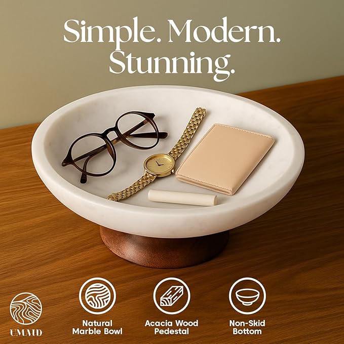 UMAID White Marble Decorative Bowl with Wood Pedestal, 10" Handcrafted Natural Stone Centerpiece with Unique Veining, Luxury Kitchen Fruit Bowl & Entryway Catch-All, for Potpourri & Coffee Table Decor