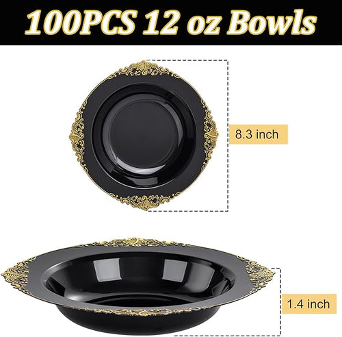 100PCS Black Plastic Bowls - 12 oz Black Gold Disposable Salad Bowls - Heavy Duty Soup Serving Bowl - Fancy Plastic Candy Bowl for Weddings, Parties, Dinners, Catering, Picnics, Party