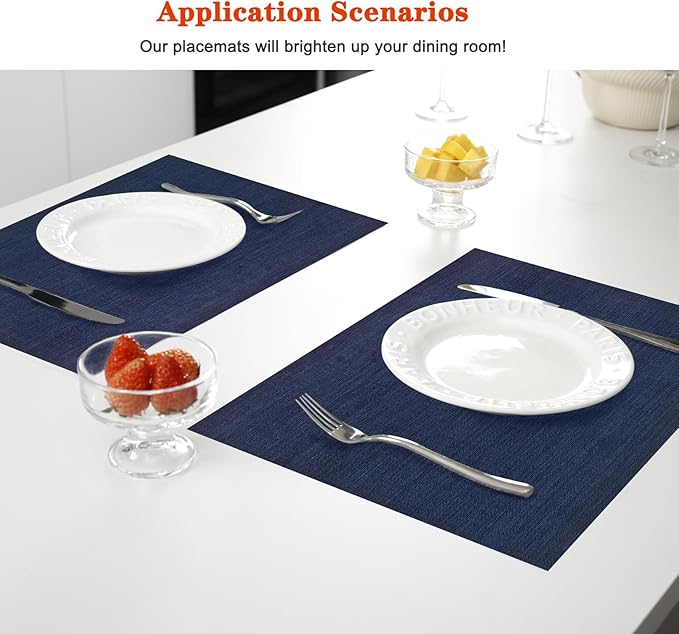 Placemats Set of 12,Washable,Heat and Stain Resistant Indoor/Outdoor Place mats,Vinyl Woven Non Slip Table Mats for Restaurant Table Protection,PVC Placemats(Navy Blue,12PCS)