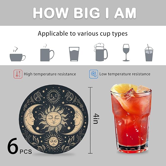 Drink Coasters for Drinks Set of 6,Golden Sun and Moon Absorbent Round Ceramic Stone Mat Coaster,with Cork Base and Metal Holder, Home Bar Decor House Warming Gift