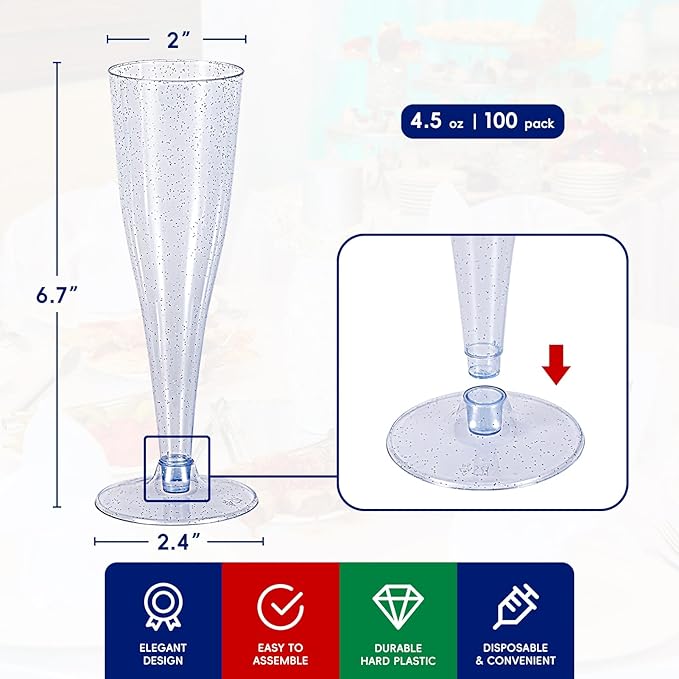 JOLLY CHEF 100 Pack Plastic Champagne Flutes Disposable 4.5 oz Blue Glitter Plastic Champagne Glasses Suitable for Wedding, Thanksgiving Day, Christmas