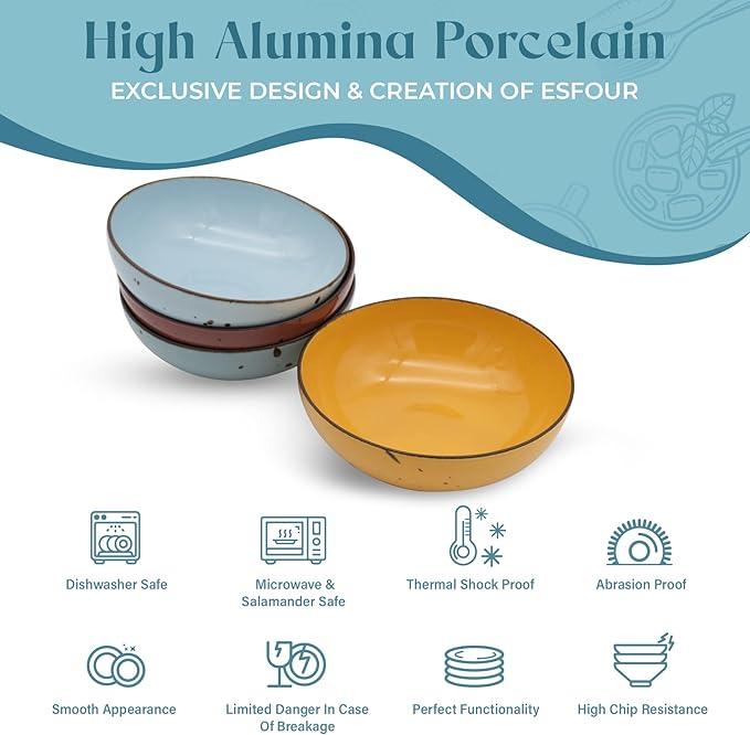 Esfour Round Porcelain Bowls - 20 Ounce - Set of 4 - Microwave, Oven, Dishwasher-Safe, Scratch Resistant, Porcelain Durable Small Dishes Bowls for Cereal, Salad, Pasta, Soup, Dessert - Assorted Vivid