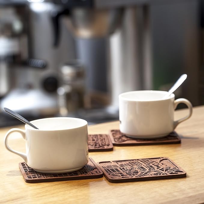 Seoul Map Coaster by O3 Design Studio, Set Of 4, Sapele Wooden Coaster With City Map, Handmade