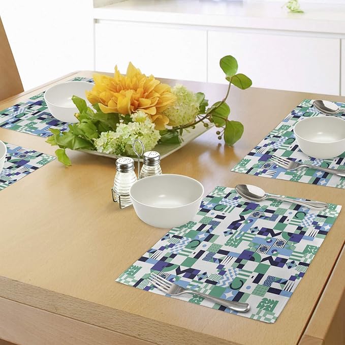 Ambesonne Mid Century Place Mats Set of 4, Geometric Modern Art Design in The Sixties Pop Art Shapes Pattern, Washable Fabric Placemats for Dining Table, Standard Size, Green Black