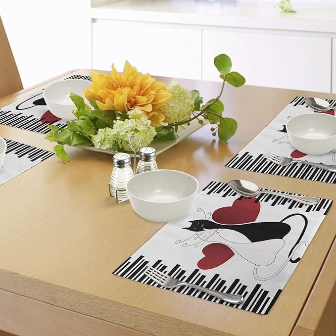 Ambesonne Cats Place Mats Set of 4, Romantic Kittens Pets Couple 2 Tails Hearts and Black Stripes Animals in Love, Washable Fabric Placemats for Dining Table, Standard Size, White and Black