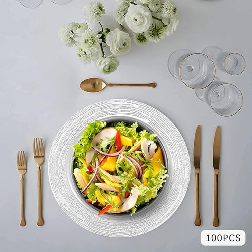 100 PCS Antique Charger Plates Bulk, 13 Inch Round Textured Edge Plastic Dinner Chargers, Bulk Plastic Charger Plates Set for Wedding, Party, Table Decor (Silver)