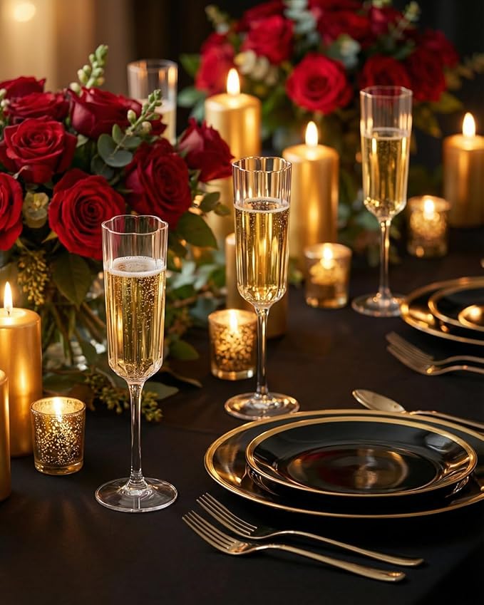 Ciaell 24 Pack Plastic Champagne Flutes - 6 Oz Flower Wavy Champagne Plastic Glasses - Heavy Duty Vintage Disposable Flutes for Party & Anniversary & Wedding