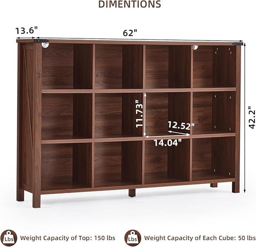 12 Cube Storage Organizer, Farmhouse 62 Inch Wide Brown Walnut Display Bookshelf, Wooden 3 Tier Large Open Book Shelf, Vintage Bookcase for Home Office, Cubby Cabinet for Living Room, Office