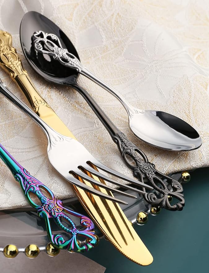Gold Silverware Set for 8 Stainless Steel Flatware Set Palace Style Hollow Relief Decoration 32 Piece Cutlery Utensils Include Knives Forks and Spoons Tableware Set for Home Kitchen Restaurant Party